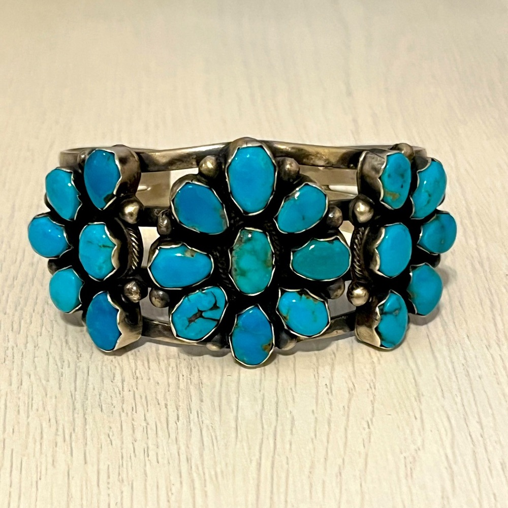 Paul Livingston Navajo Turquoise Floral Sterling Silver Cuff Bracelet